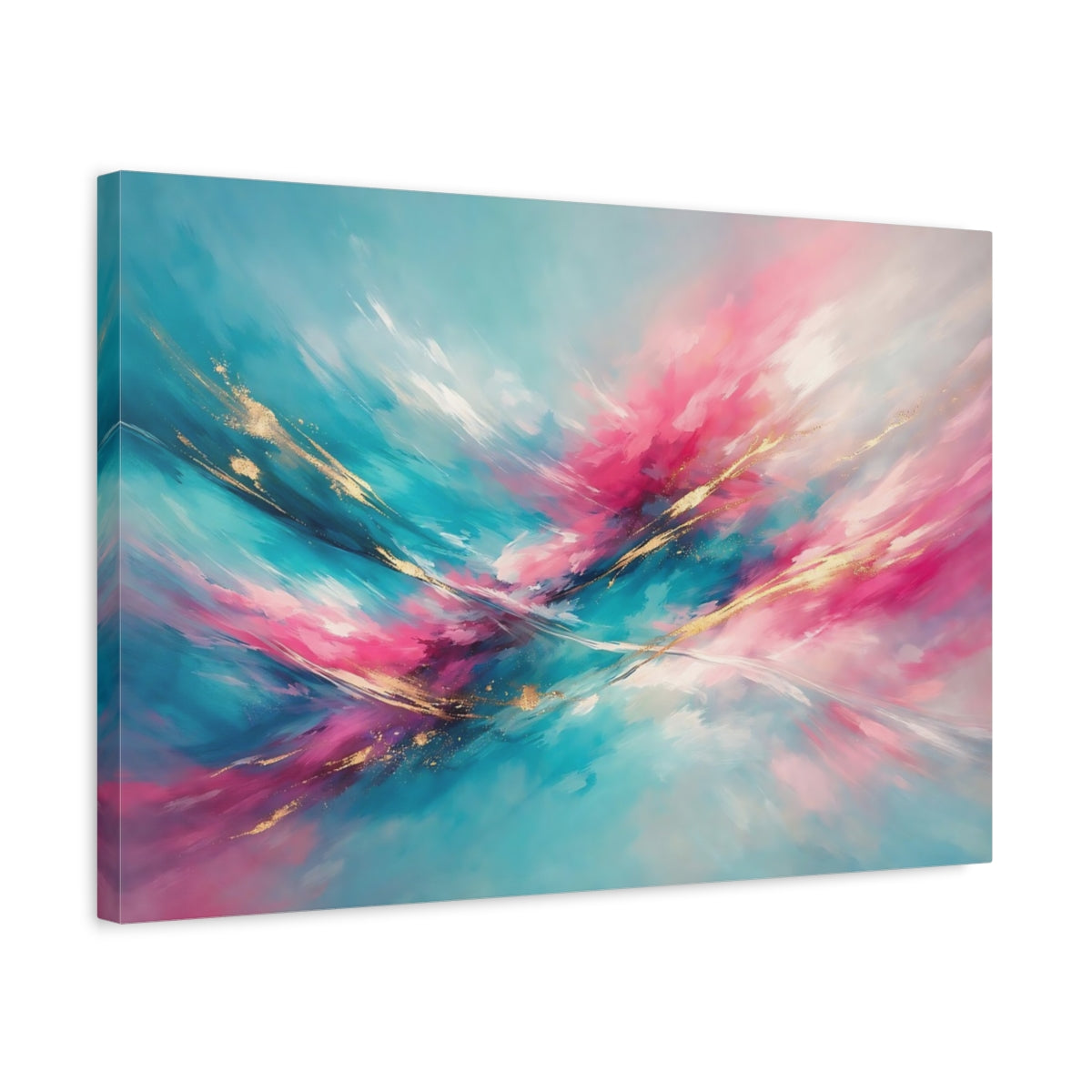 Side Mockup 3. Abstract Abstract Swirls Teal Pink Gold shown as stretched canvas wall art