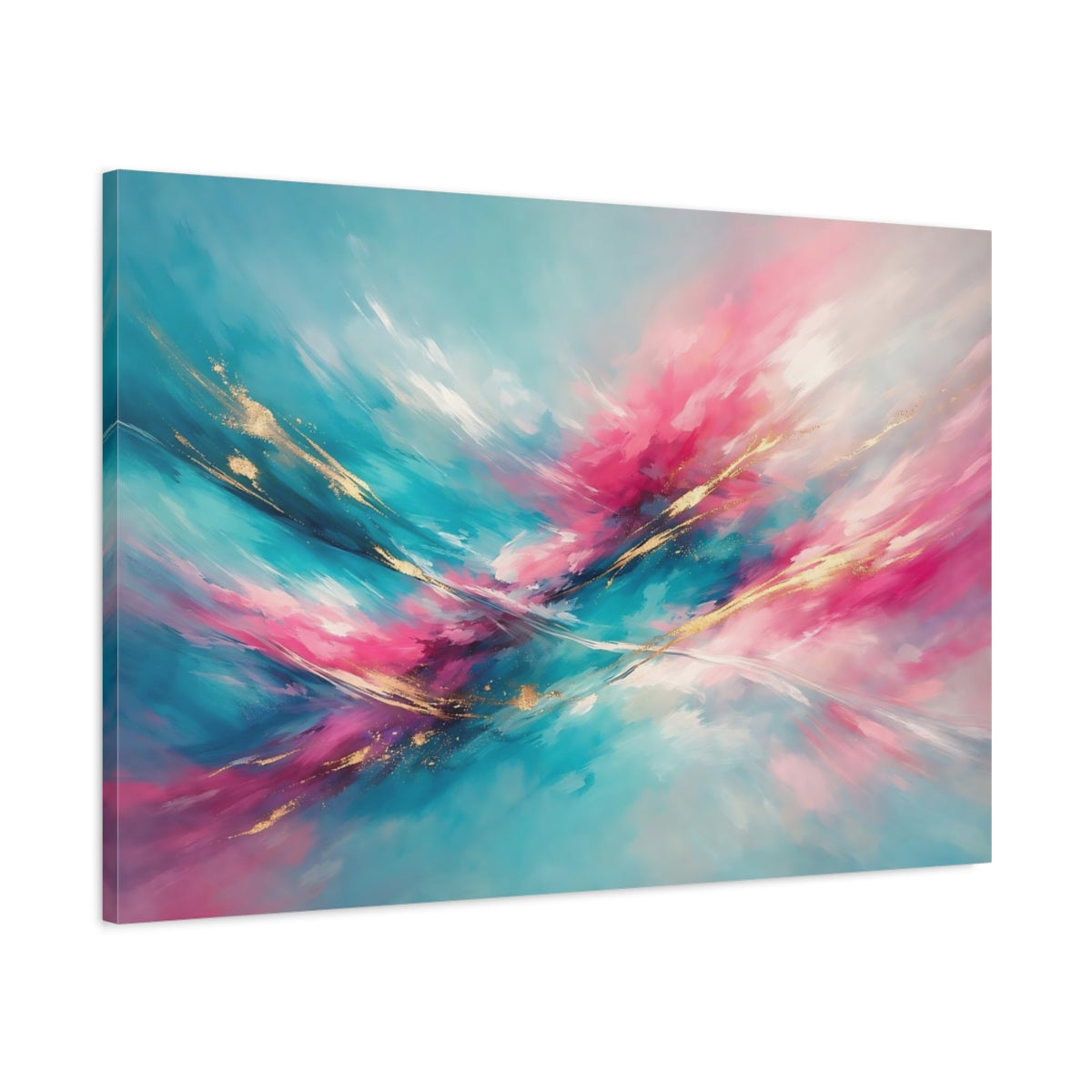 Side Mockup 1. Abstract Abstract Swirls Teal Pink Gold shown as stretched canvas wall art