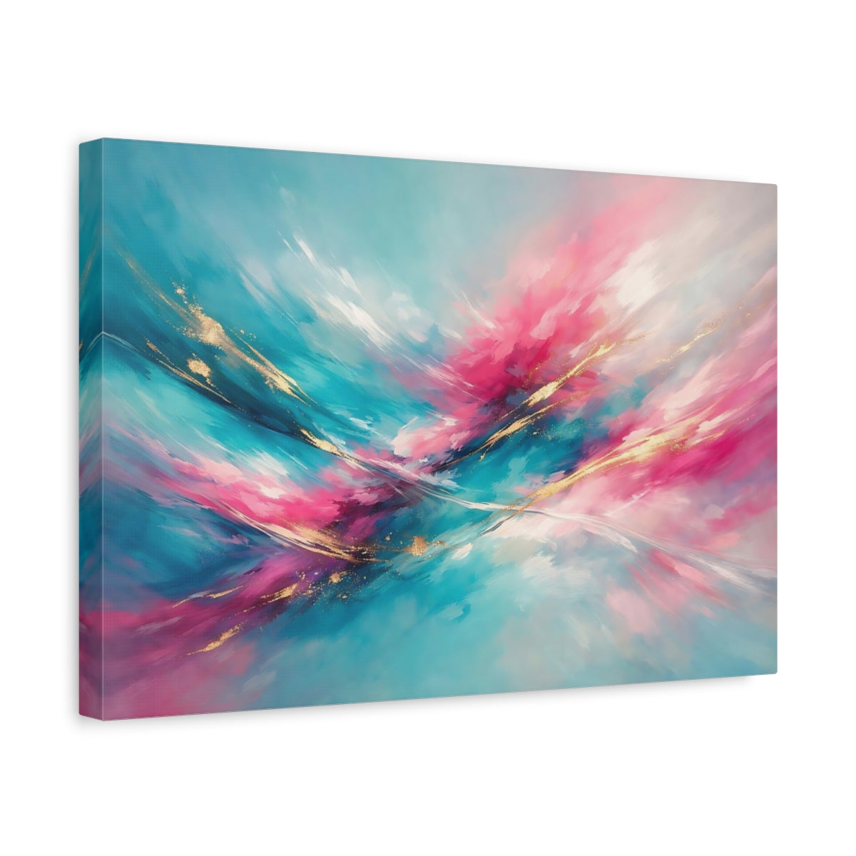 Side Mockup 4. Abstract Abstract Swirls Teal Pink Gold shown as stretched canvas wall art