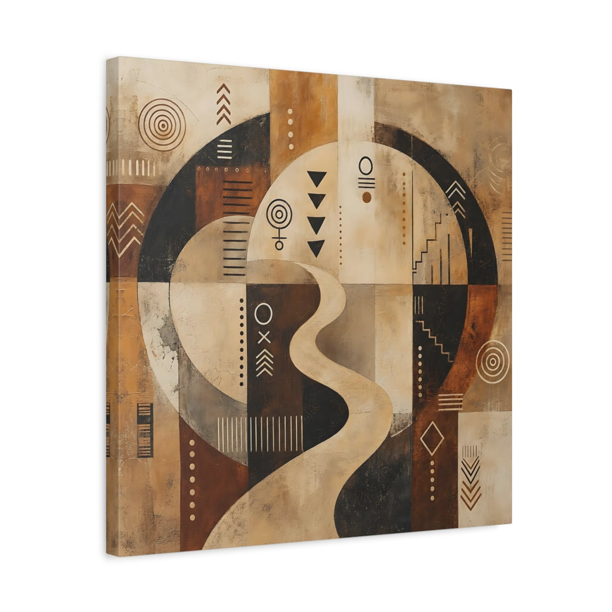 Side Mockup 5. Abstract Abstract Symbols Brown Beige Black shown as stretched canvas wall art