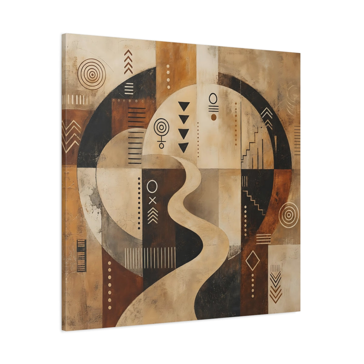 Side Mockup 1. Abstract Abstract Symbols Brown Beige Black shown as stretched canvas wall art