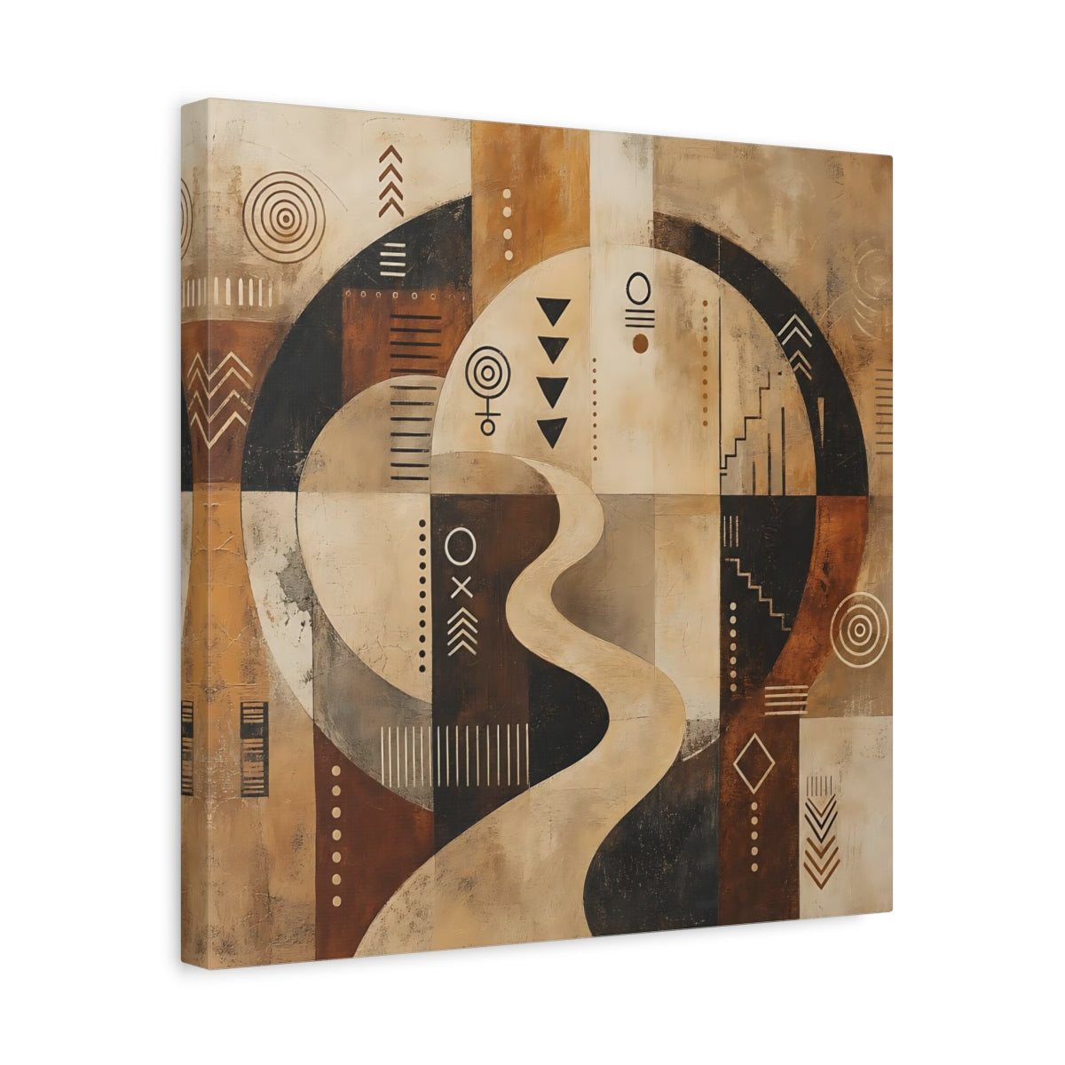 Side Mockup 6. Abstract Abstract Symbols Brown Beige Black shown as stretched canvas wall art