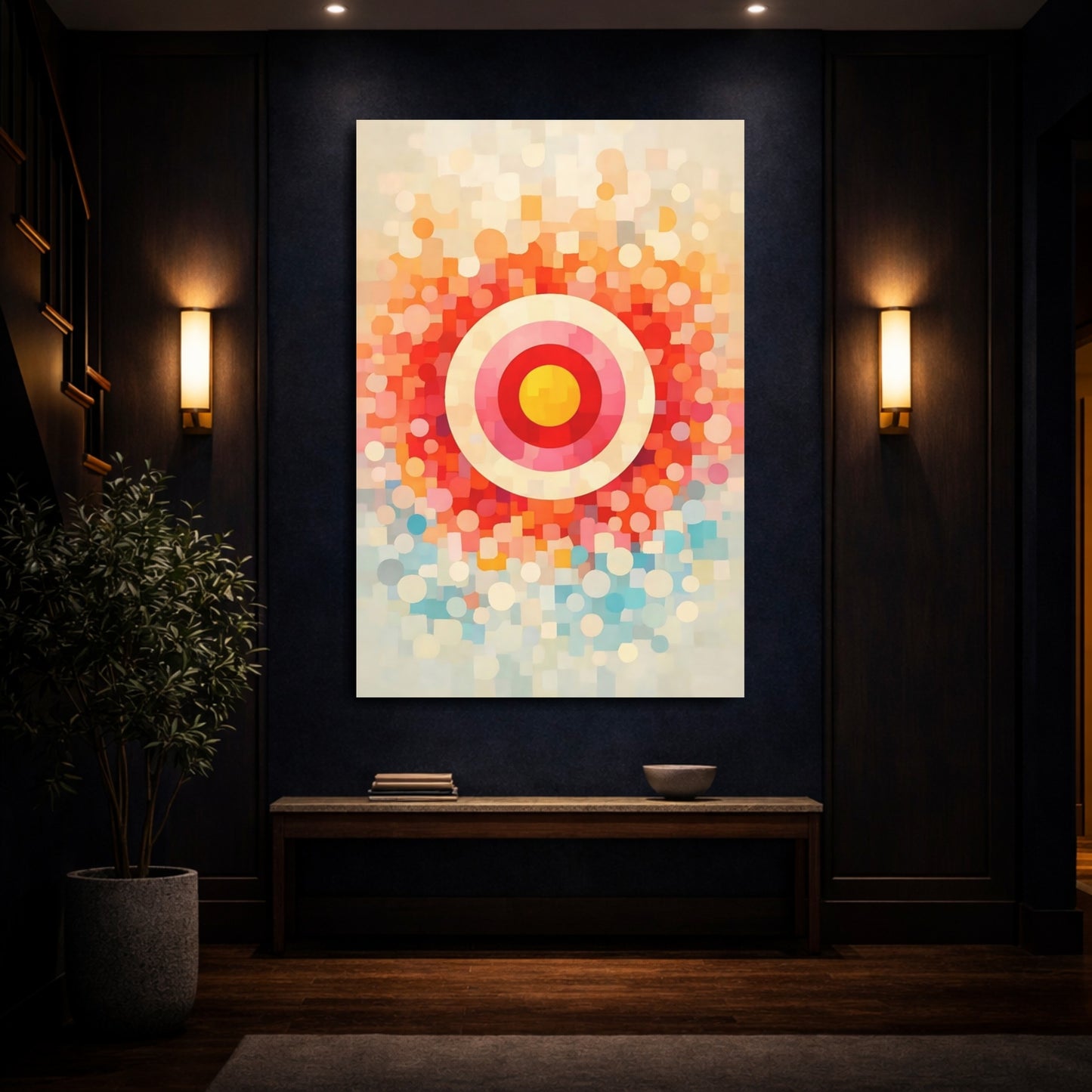 Mockup 3. Abstract Target Geometric Target shown as stretched canvas wall art