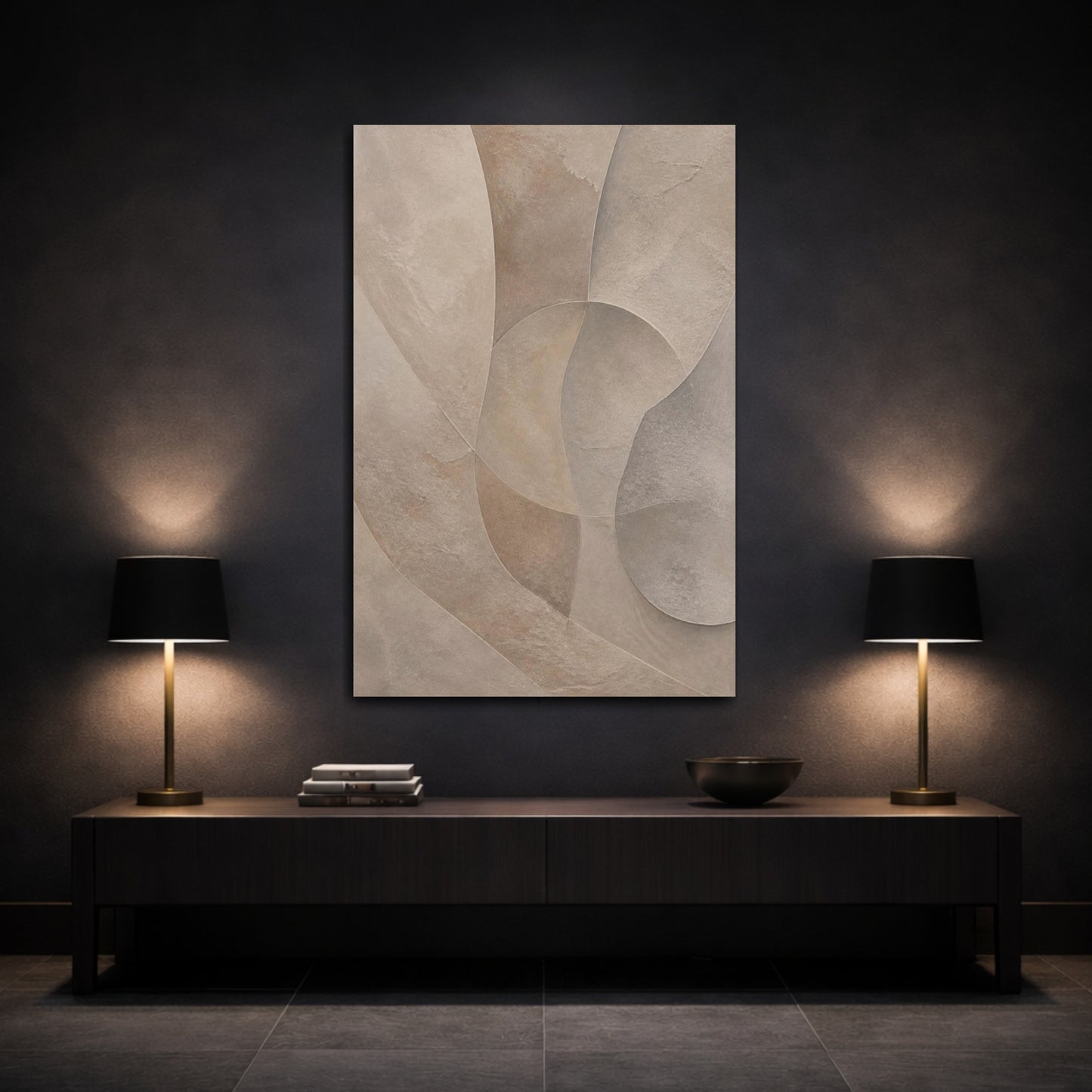Mockup 3. Abstract Taupe Plaster Shapes shown as canvas print