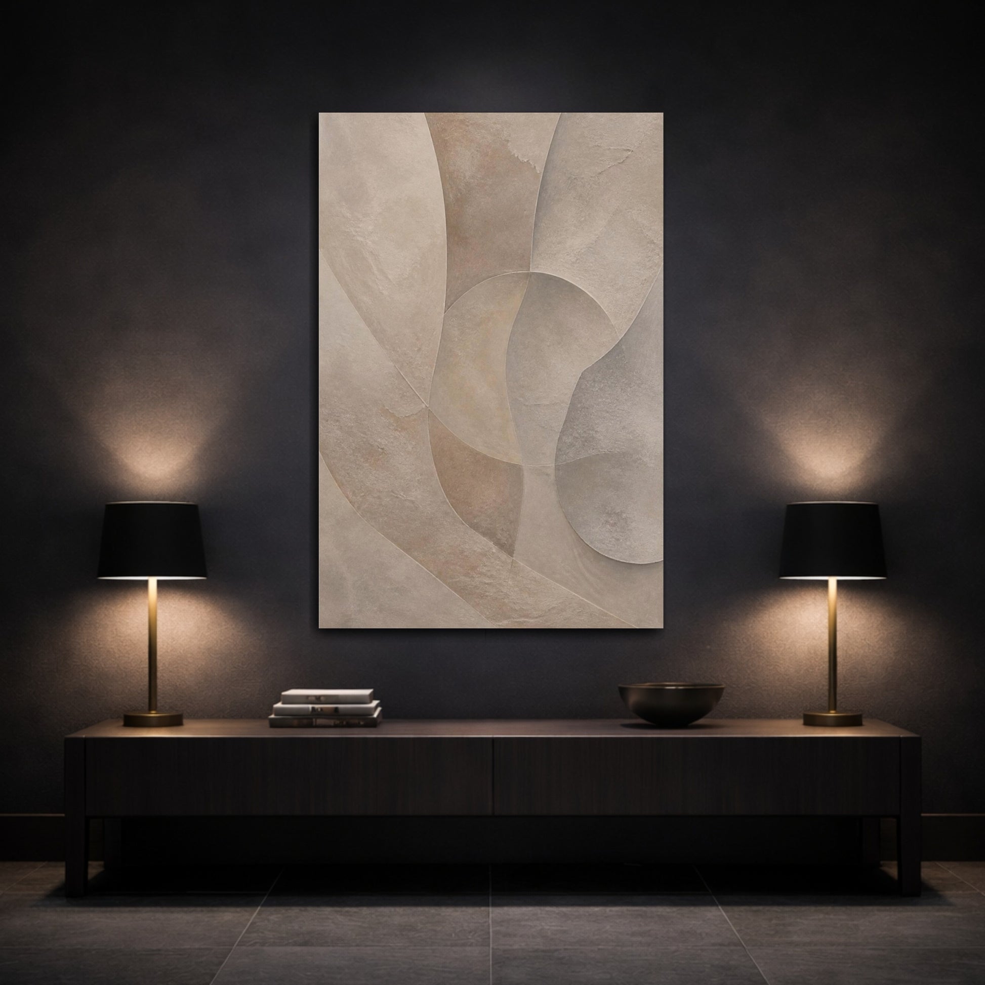 Mockup 3. Abstract Taupe Plaster Shapes shown as canvas print
