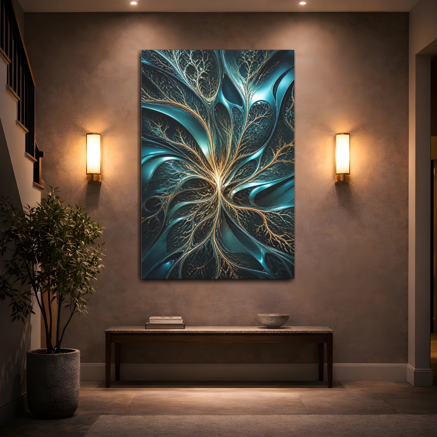 Mockup 2. Abstract Teal Branches shown as canvas print
