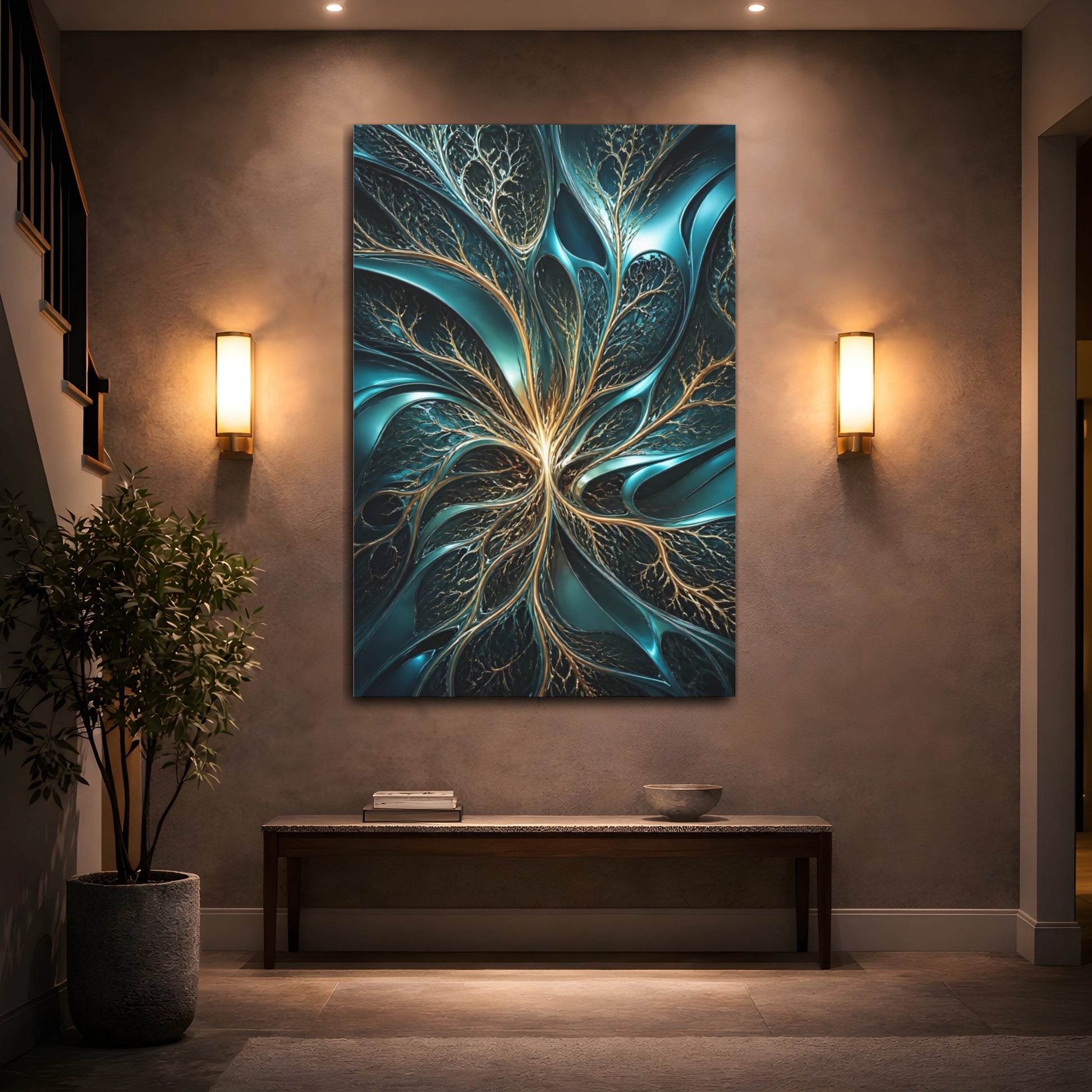 Mockup 2. Abstract Teal Branches shown as canvas print