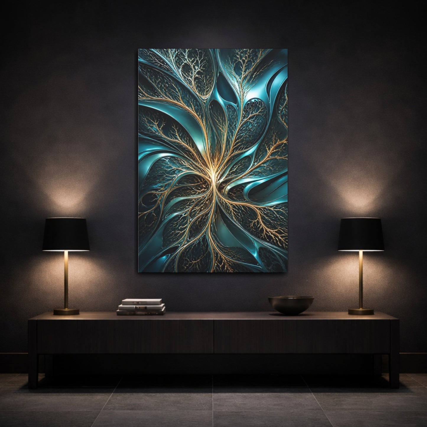 Mockup 3. Abstract Teal Branches shown as canvas print
