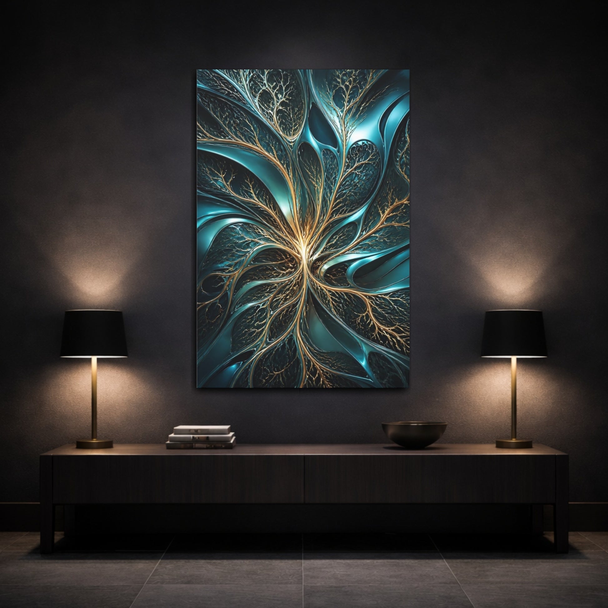 Mockup 3. Abstract Teal Branches shown as canvas print