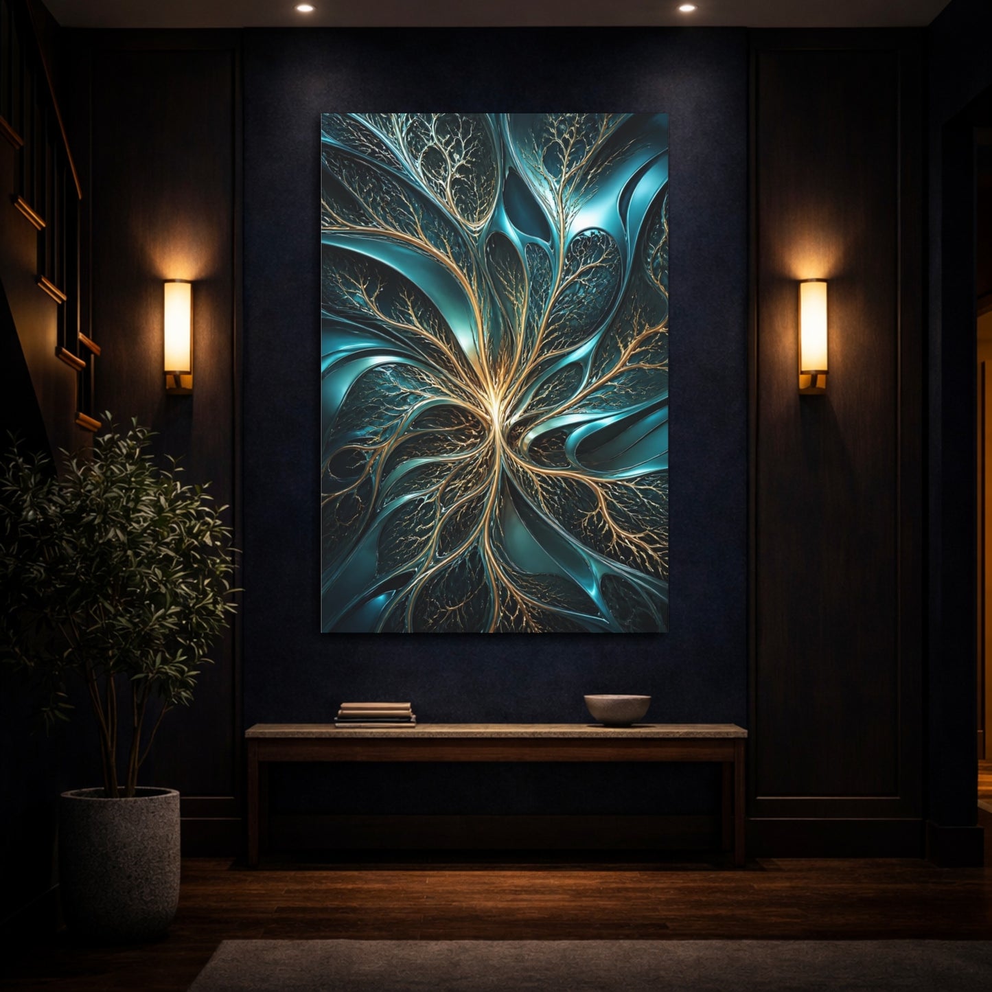 Mockup 4. Abstract Teal Branches shown as canvas print