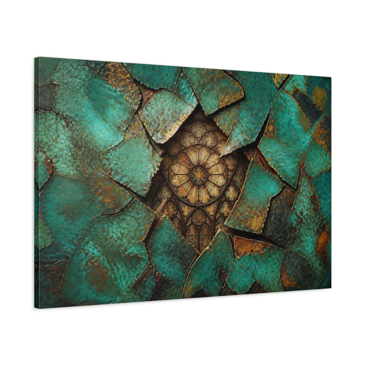 Main Mockup. Abstract Teal Fragments shown as canvas print