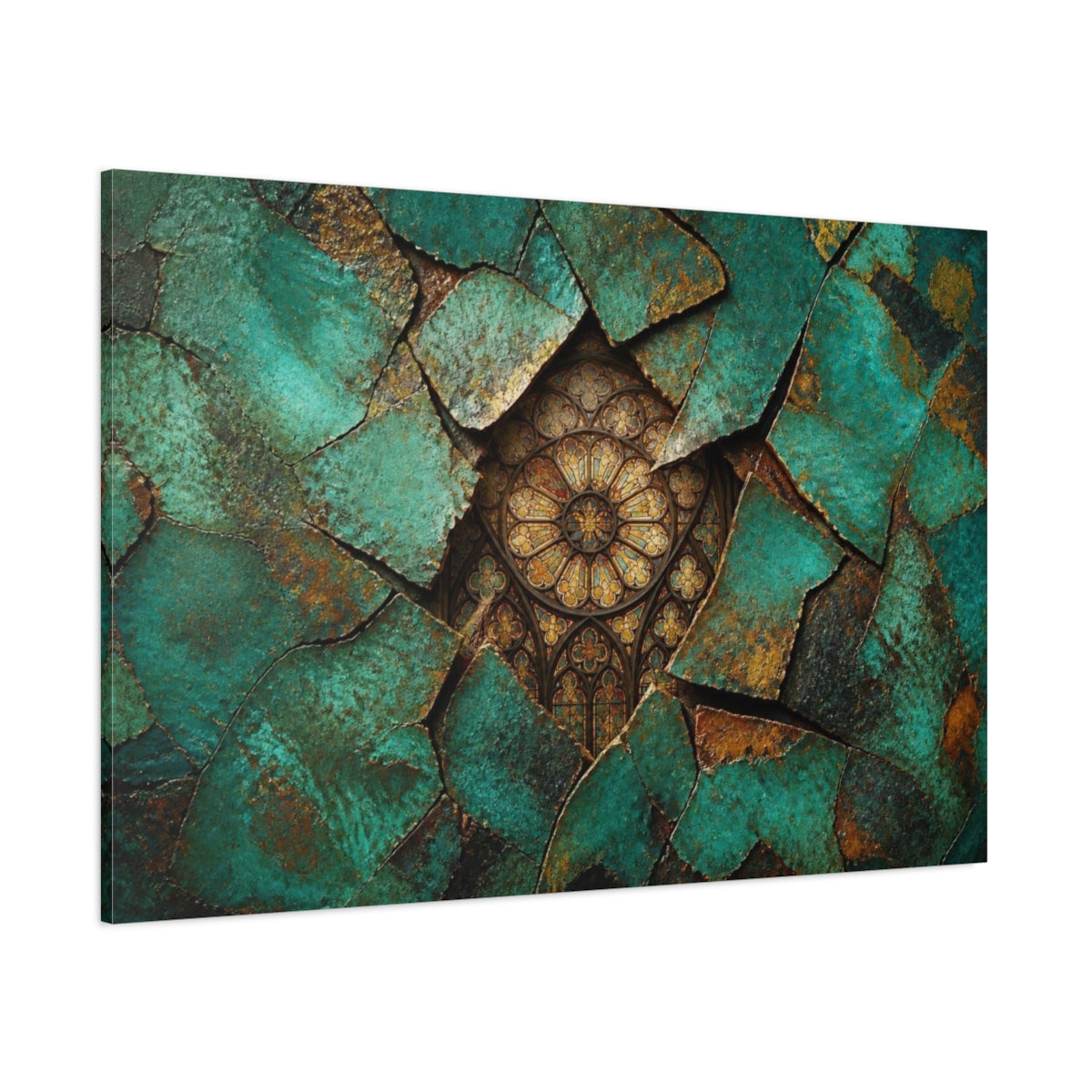 Side Mockup 1. Abstract Teal Fragments shown as canvas print