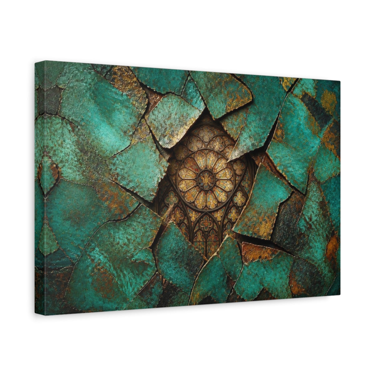 Side Mockup 4. Abstract Teal Fragments shown as canvas print