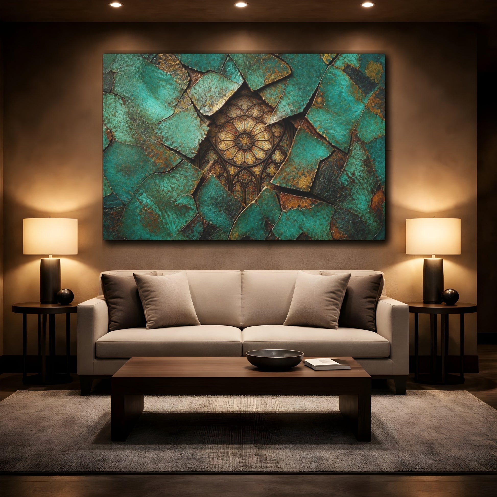 Mockup 2. Abstract Teal Fragments shown as canvas print