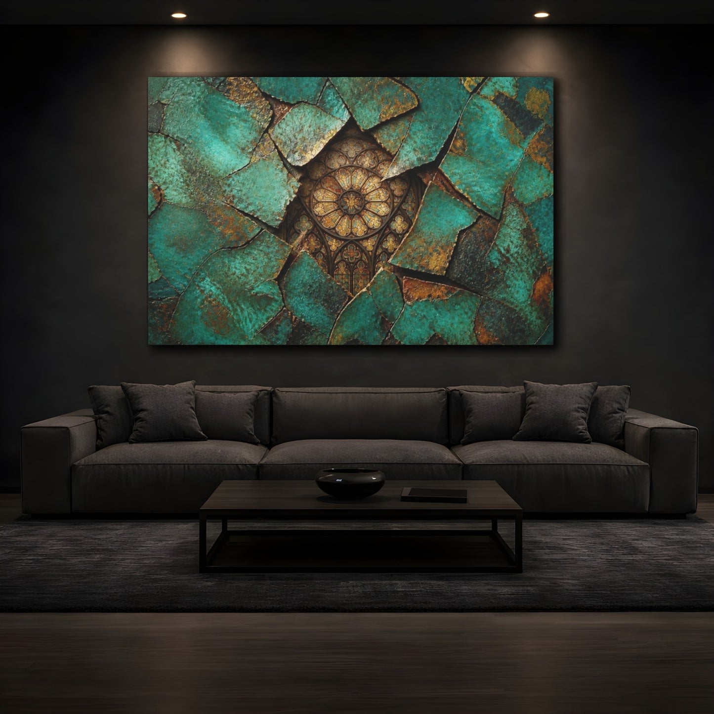 Mockup 3. Abstract Teal Fragments shown as canvas print