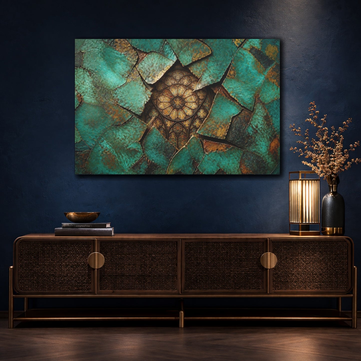 Mockup 4. Abstract Teal Fragments shown as canvas print