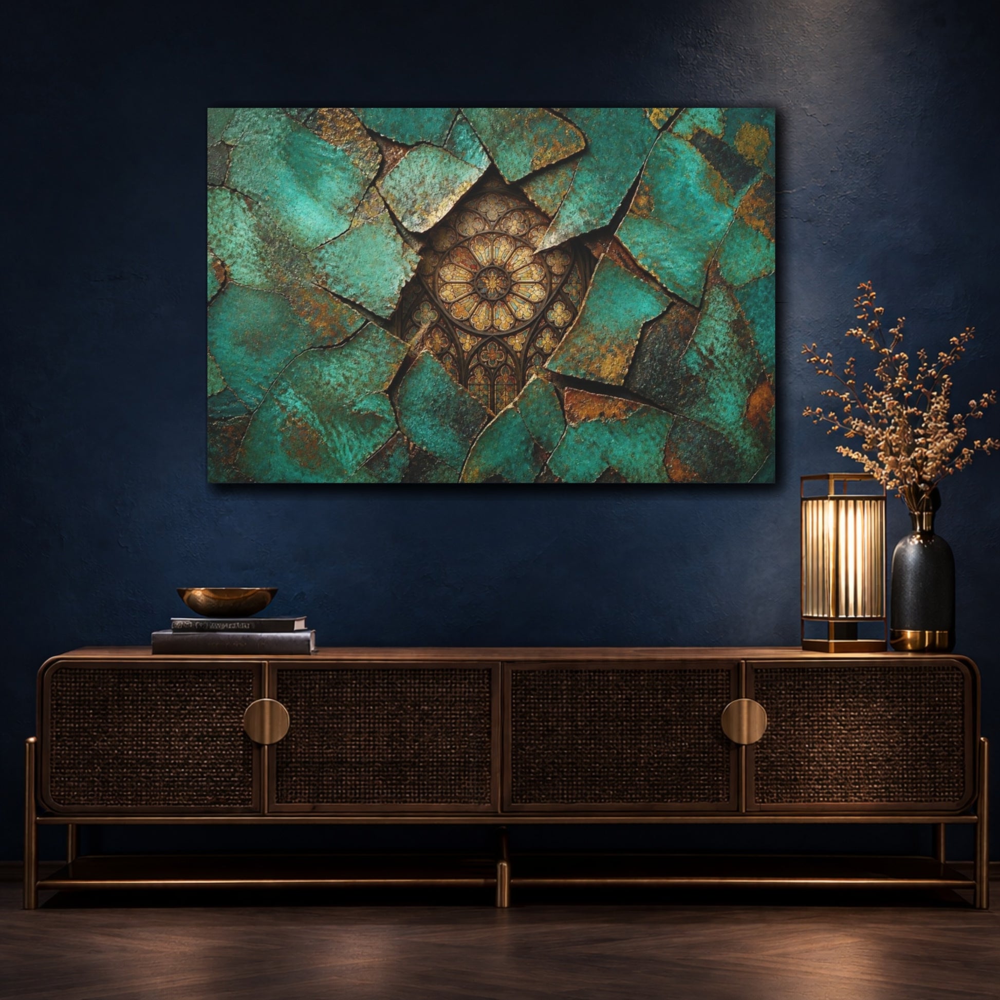 Mockup 4. Abstract Teal Fragments shown as canvas print