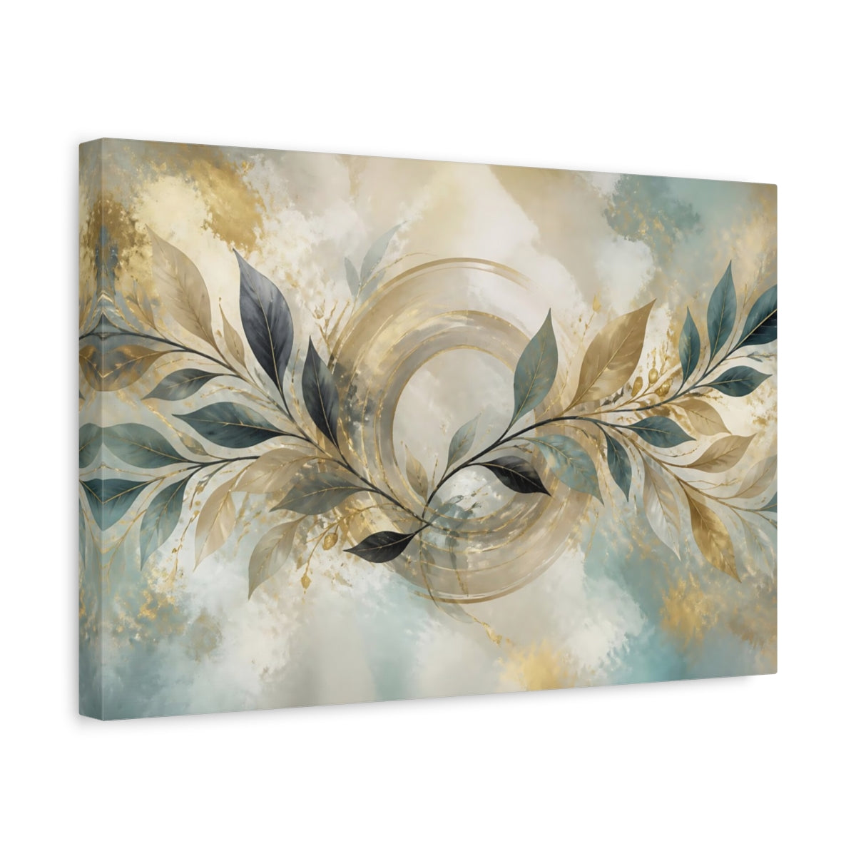 Side Mockup 4. Abstract Teal Leaf Branch shown as canvas print