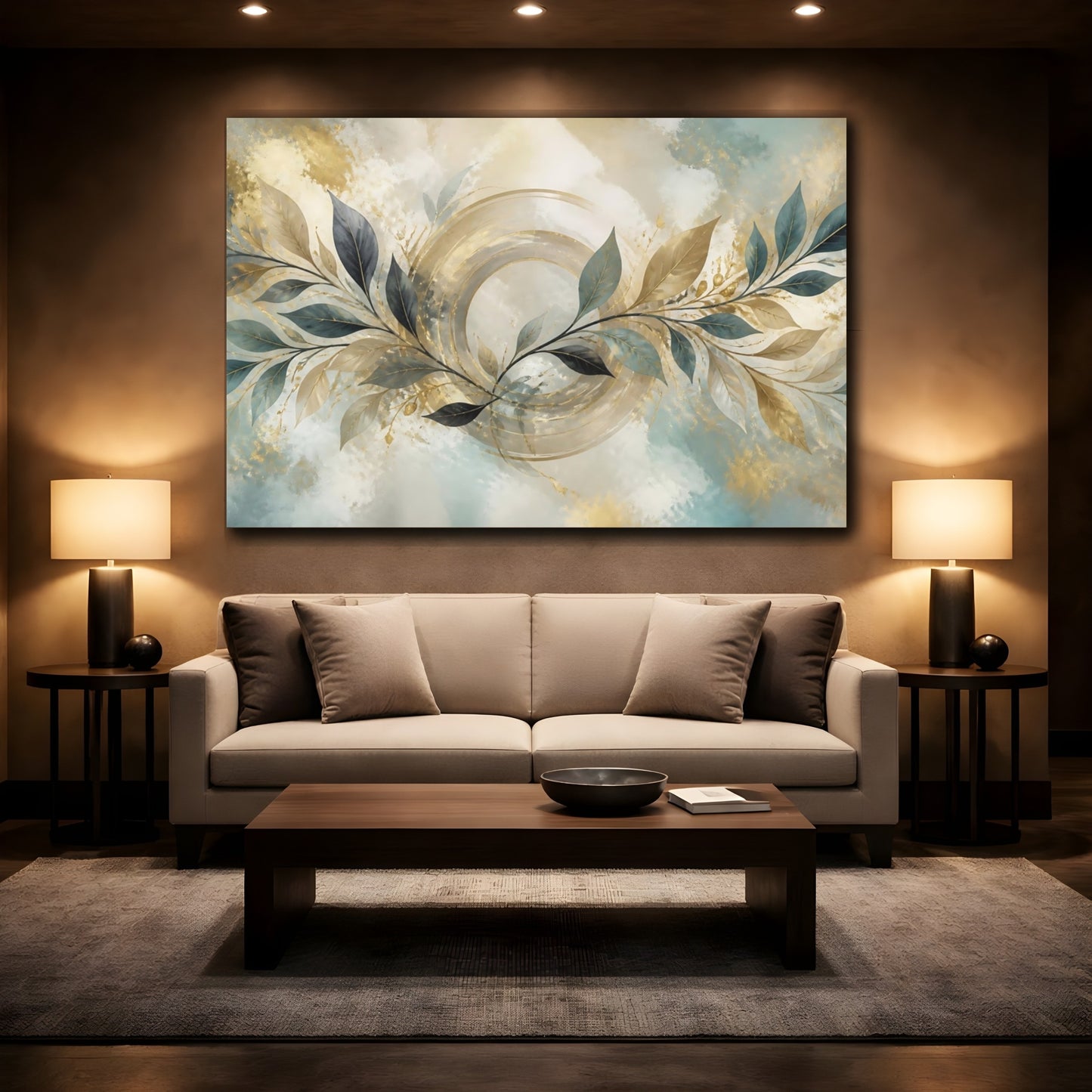 Mockup 2. Abstract Teal Leaf Branch shown as canvas print
