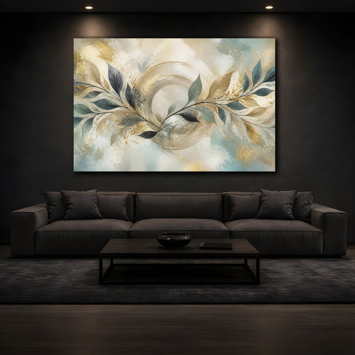 Mockup 3. Abstract Teal Leaf Branch shown as canvas print