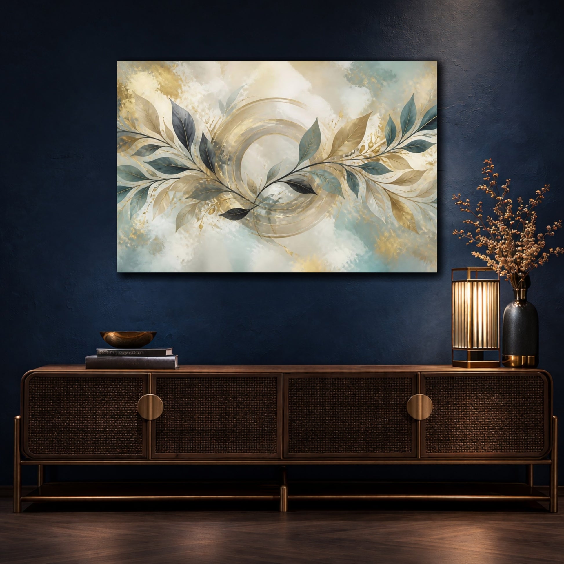 Mockup 4. Abstract Teal Leaf Branch shown as canvas print