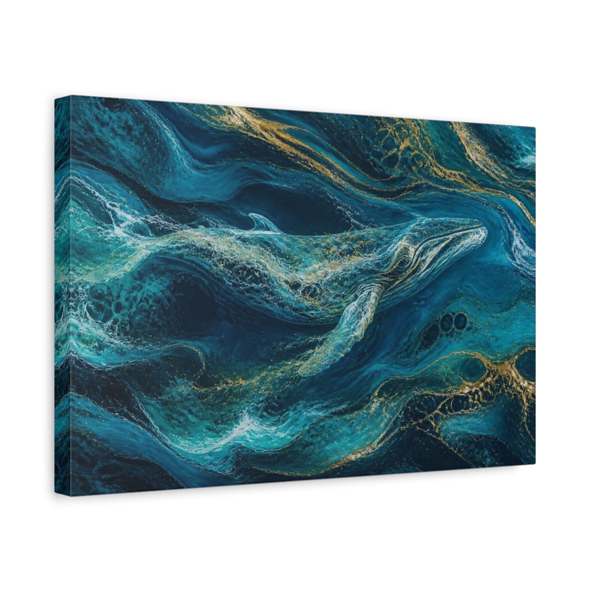 Side Mockup 4. Abstract Teal Whale shown as canvas print
