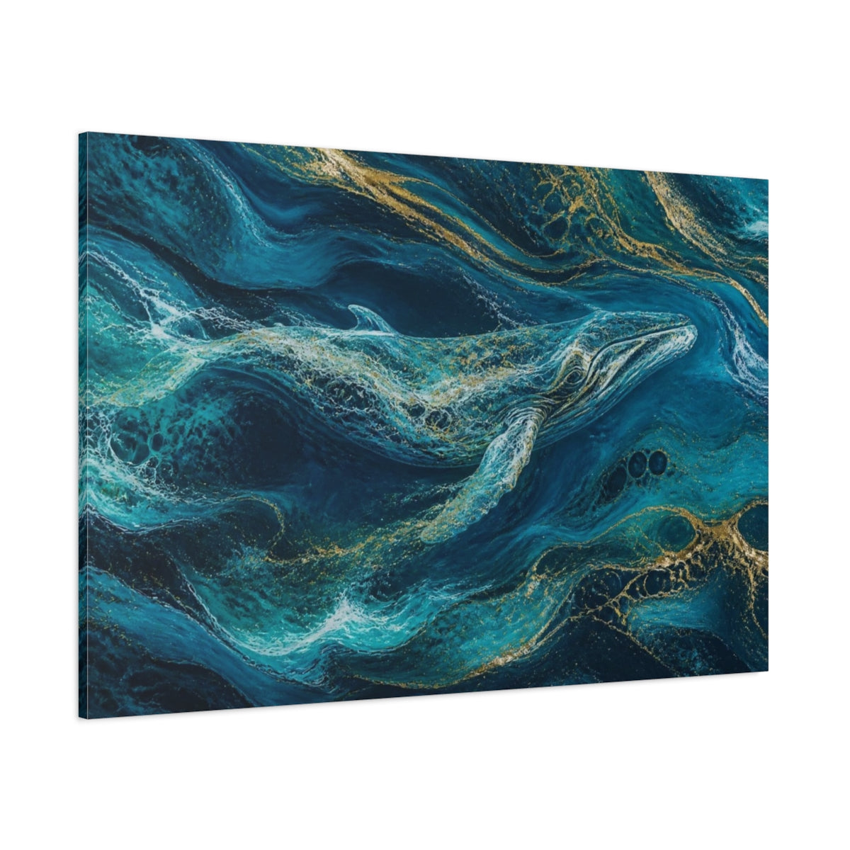 Side Mockup 1. Abstract Teal Whale shown as canvas print