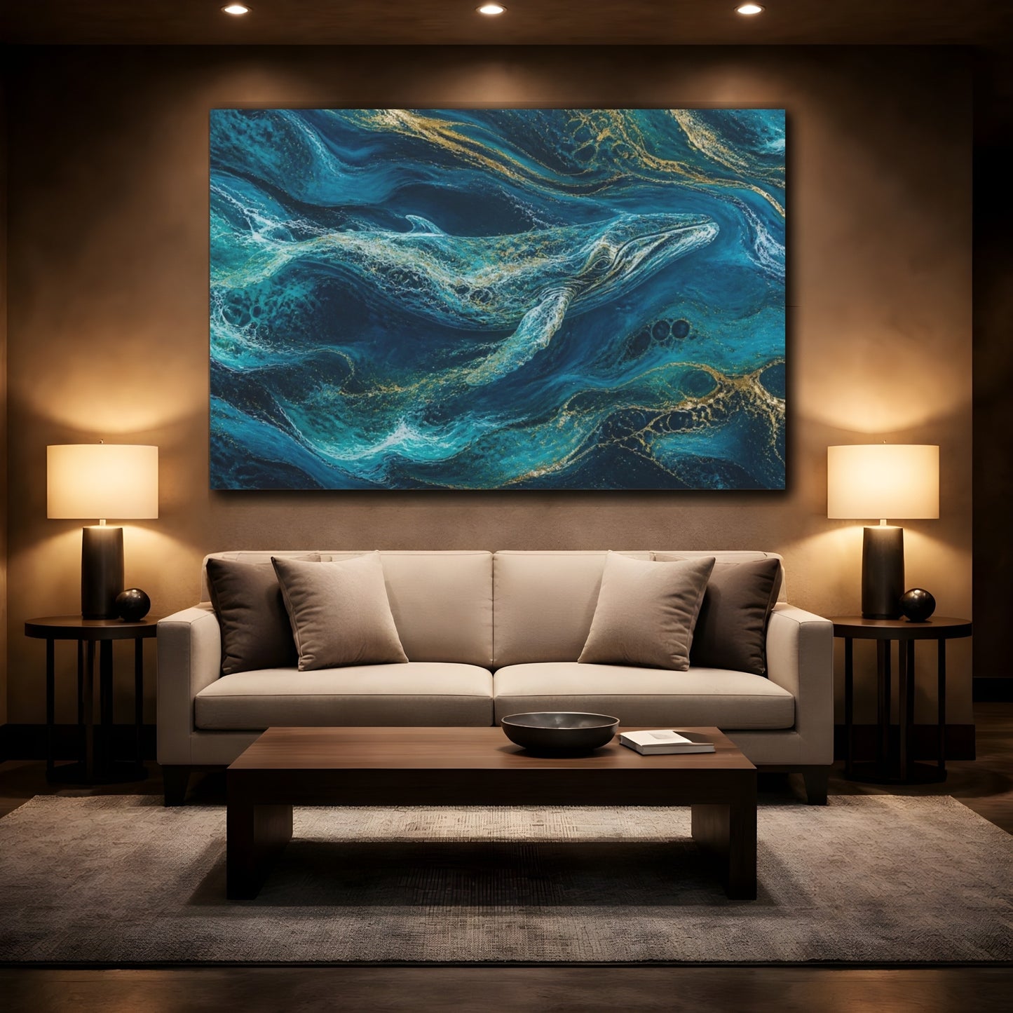 Mockup 2. Abstract Teal Whale shown as canvas print