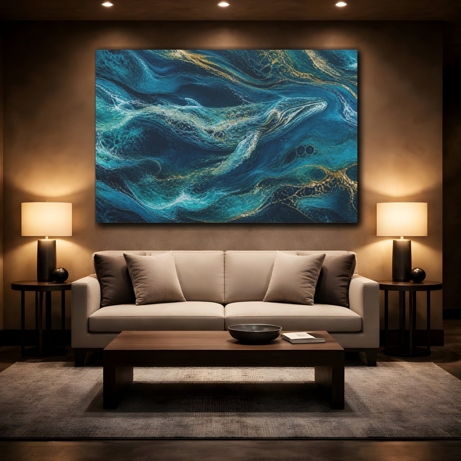 Mockup 2. Abstract Teal Whale shown as canvas print