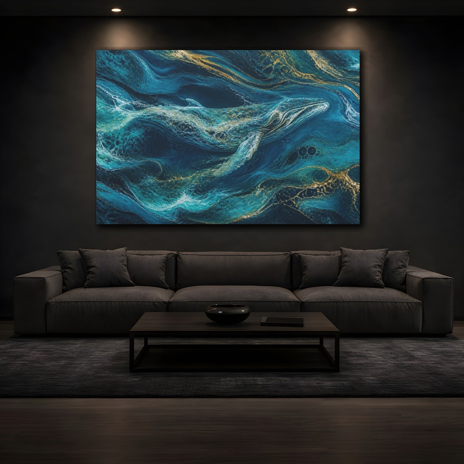 Mockup 3. Abstract Teal Whale shown as canvas print