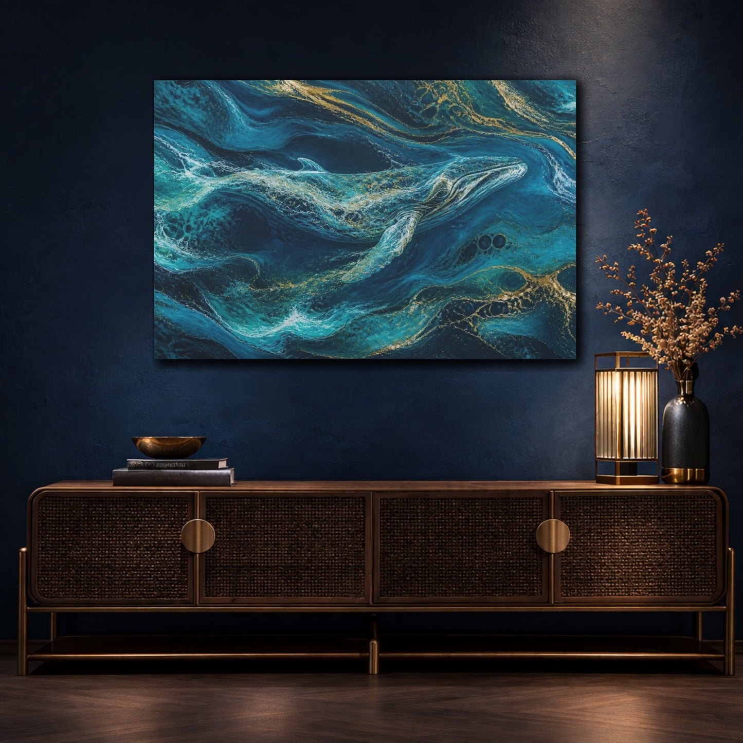 Mockup 4. Abstract Teal Whale shown as canvas print
