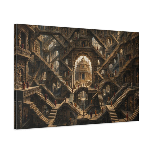 Main Mockup. Abstract Temple Complex Brown And Orange shown as stretched canvas wall art