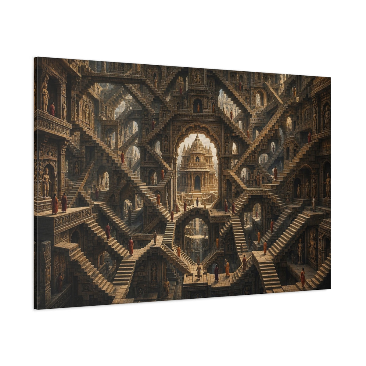 Side Mockup 1. Abstract Temple Complex Brown And Orange shown as stretched canvas wall art