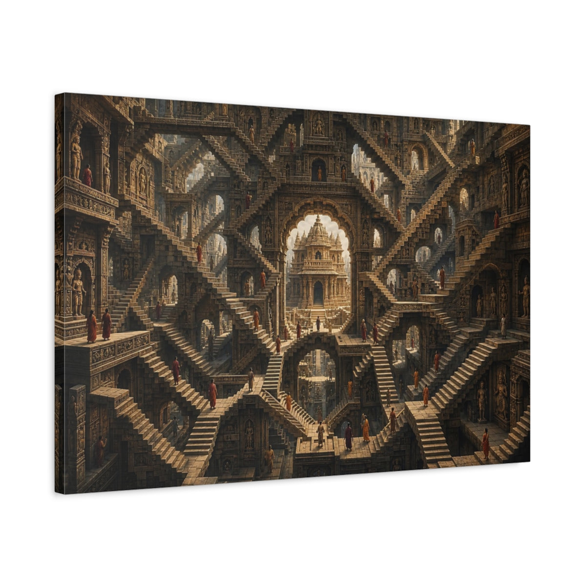 Side Mockup 2. Abstract Temple Complex Brown And Orange shown as stretched canvas wall art