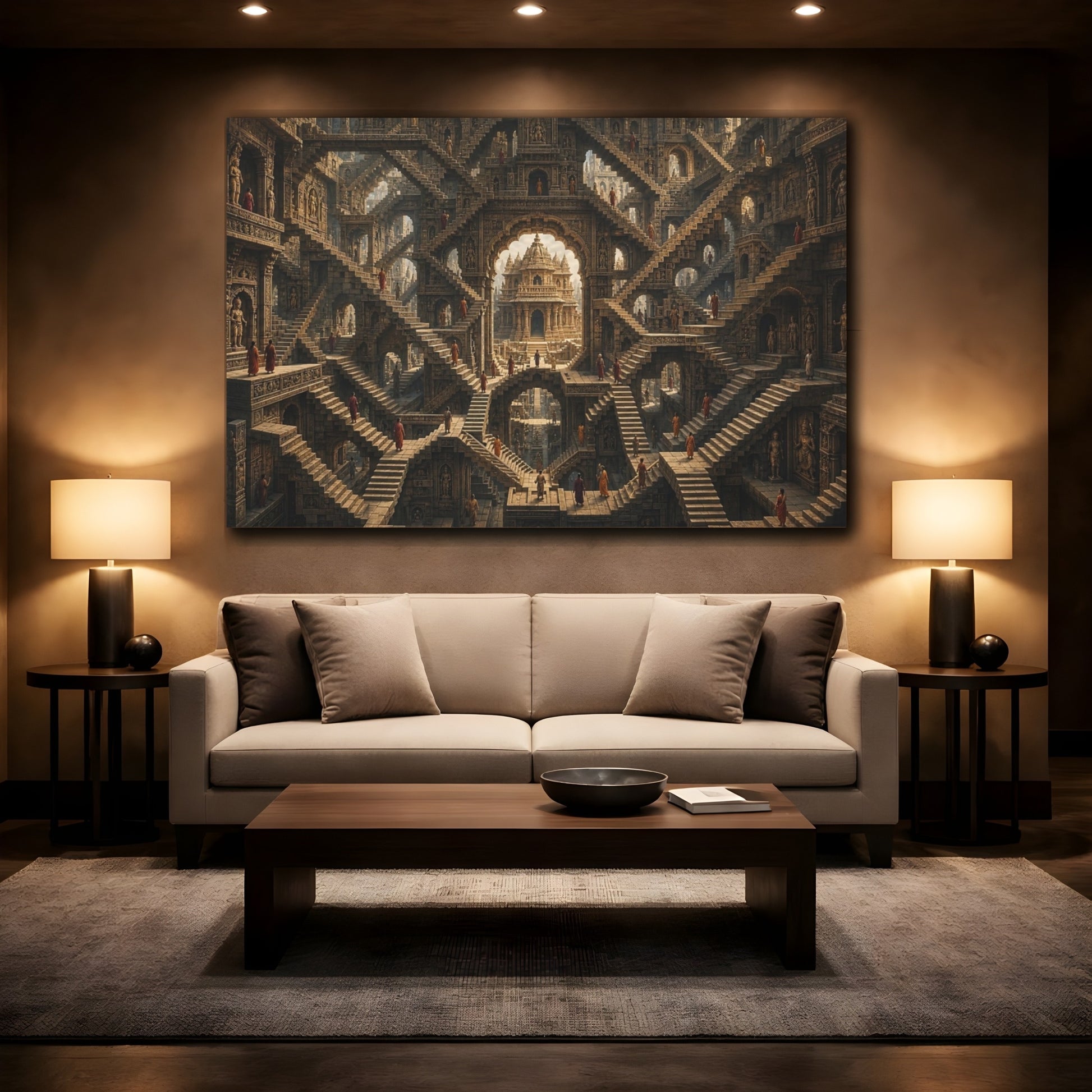 Mockup 2. Abstract Temple Complex Brown And Orange shown as stretched canvas wall art