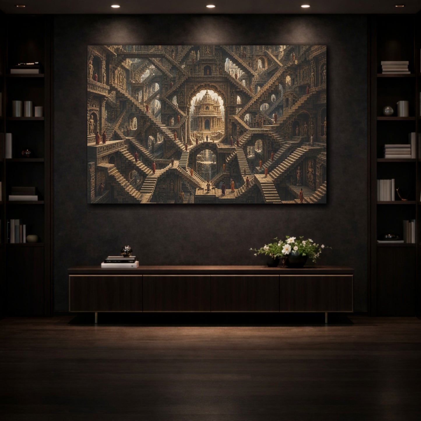 Mockup 3. Abstract Temple Complex Brown And Orange shown as stretched canvas wall art
