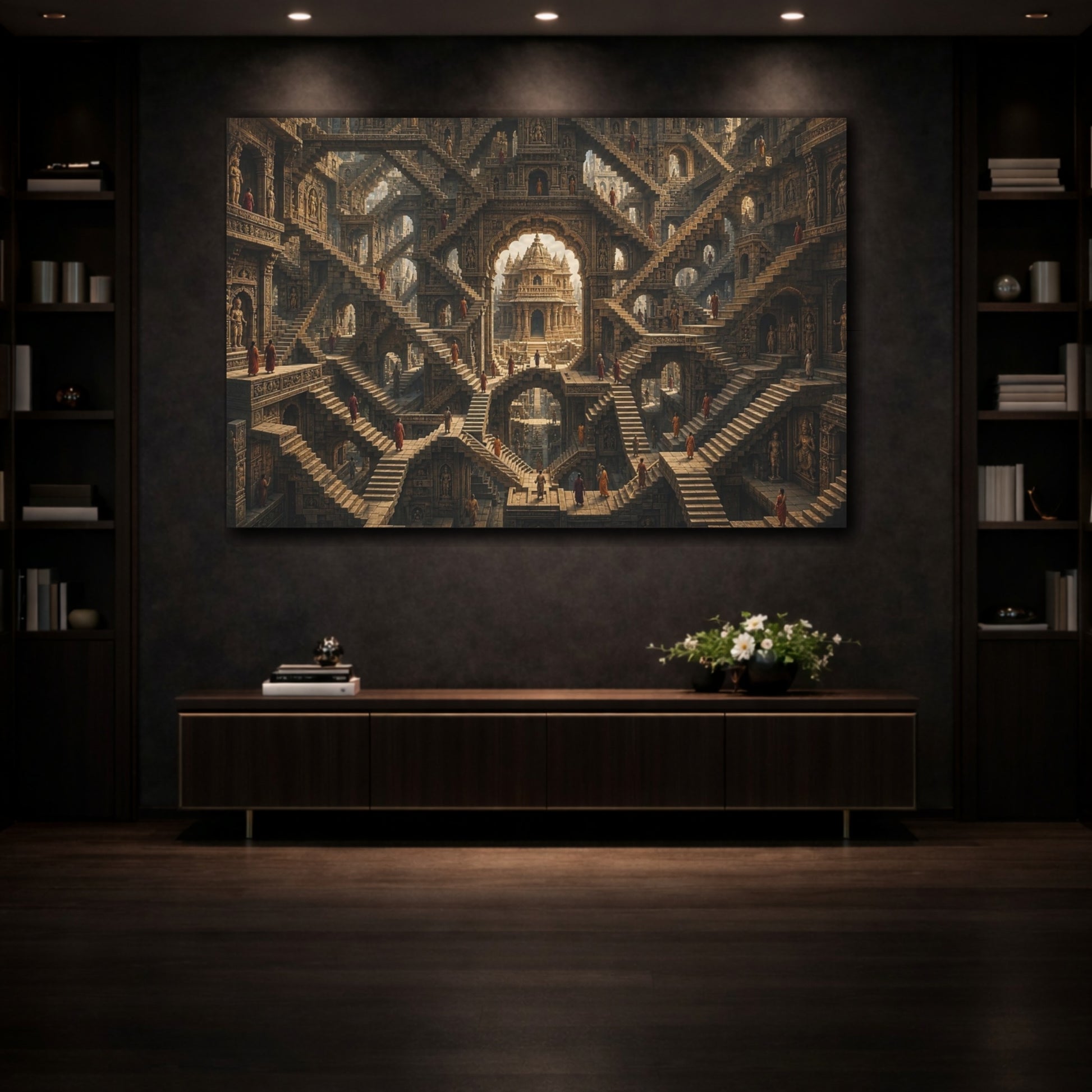 Mockup 3. Abstract Temple Complex Brown And Orange shown as stretched canvas wall art