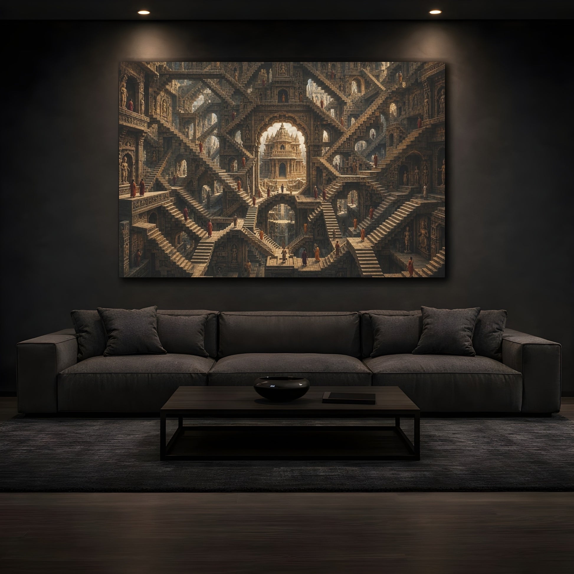 Mockup 4. Abstract Temple Complex Brown And Orange shown as stretched canvas wall art