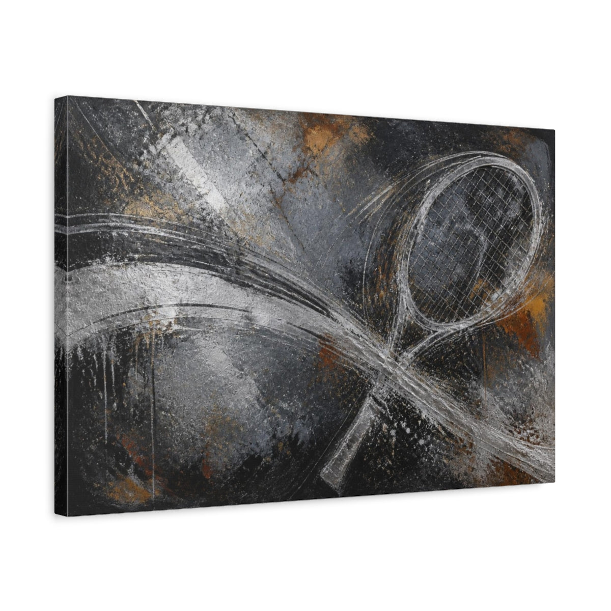 Side Mockup 3. Abstract Tennis Racket Swing shown as canvas print
