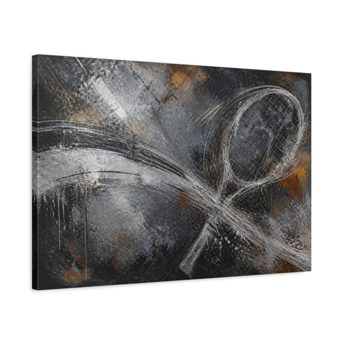 Side Mockup 2. Abstract Tennis Racket Swing shown as canvas print