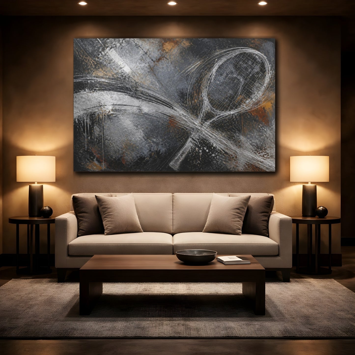 Mockup 2. Abstract Tennis Racket Swing shown as canvas print