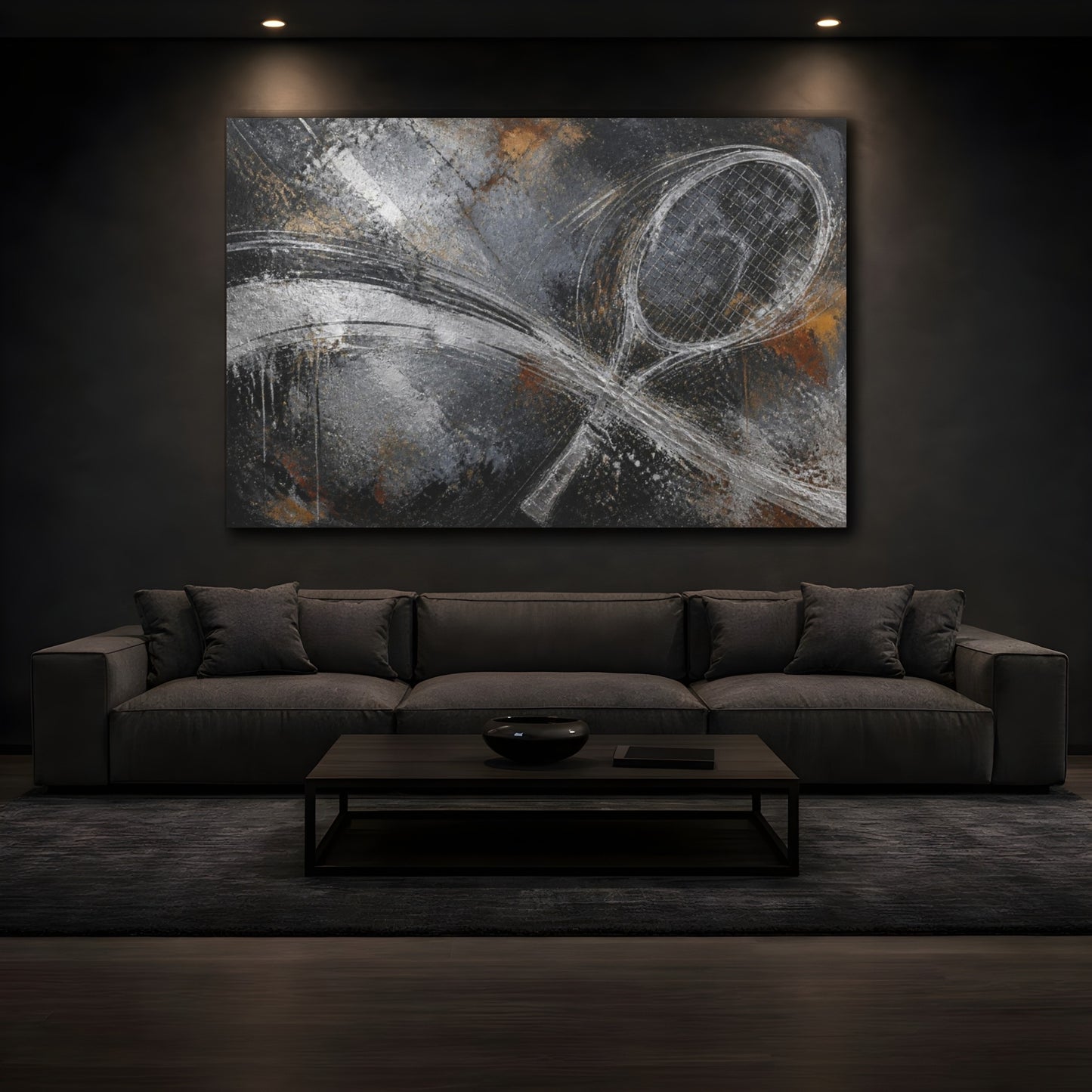 Mockup 3. Abstract Tennis Racket Swing shown as canvas print