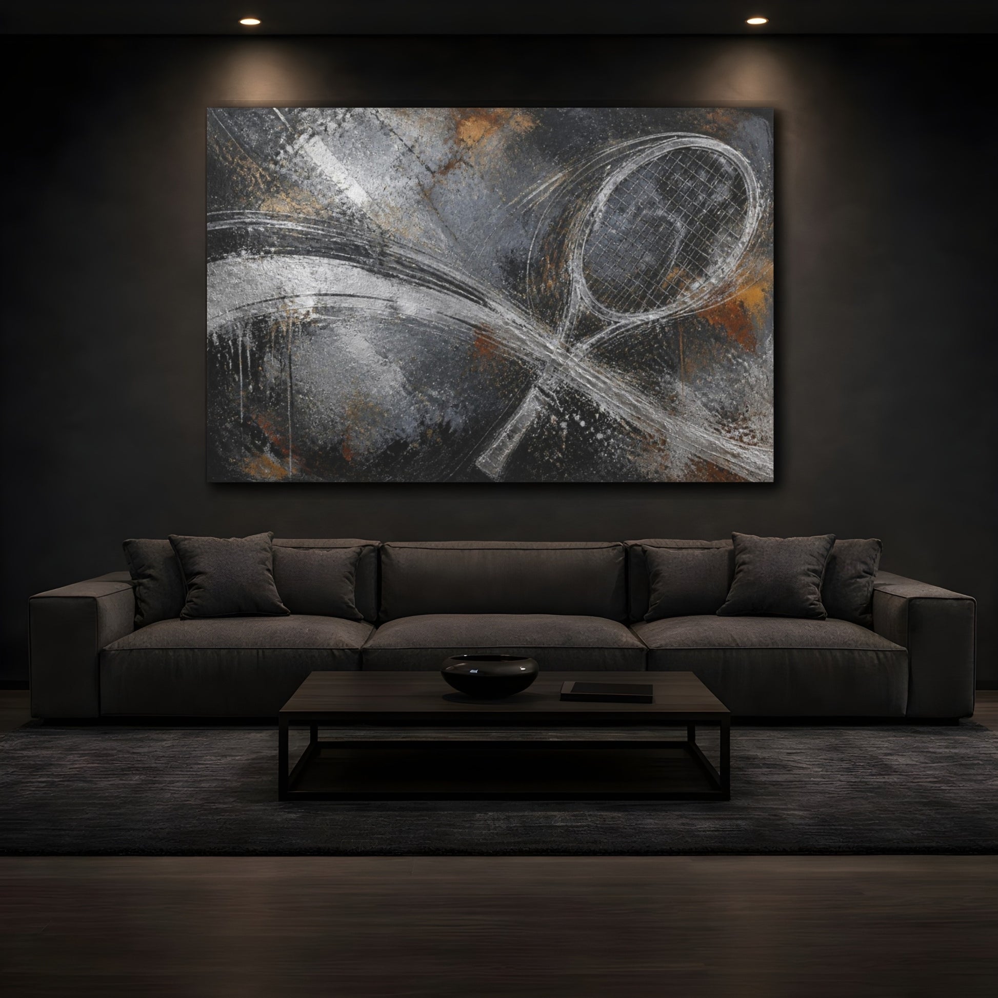 Mockup 3. Abstract Tennis Racket Swing shown as canvas print