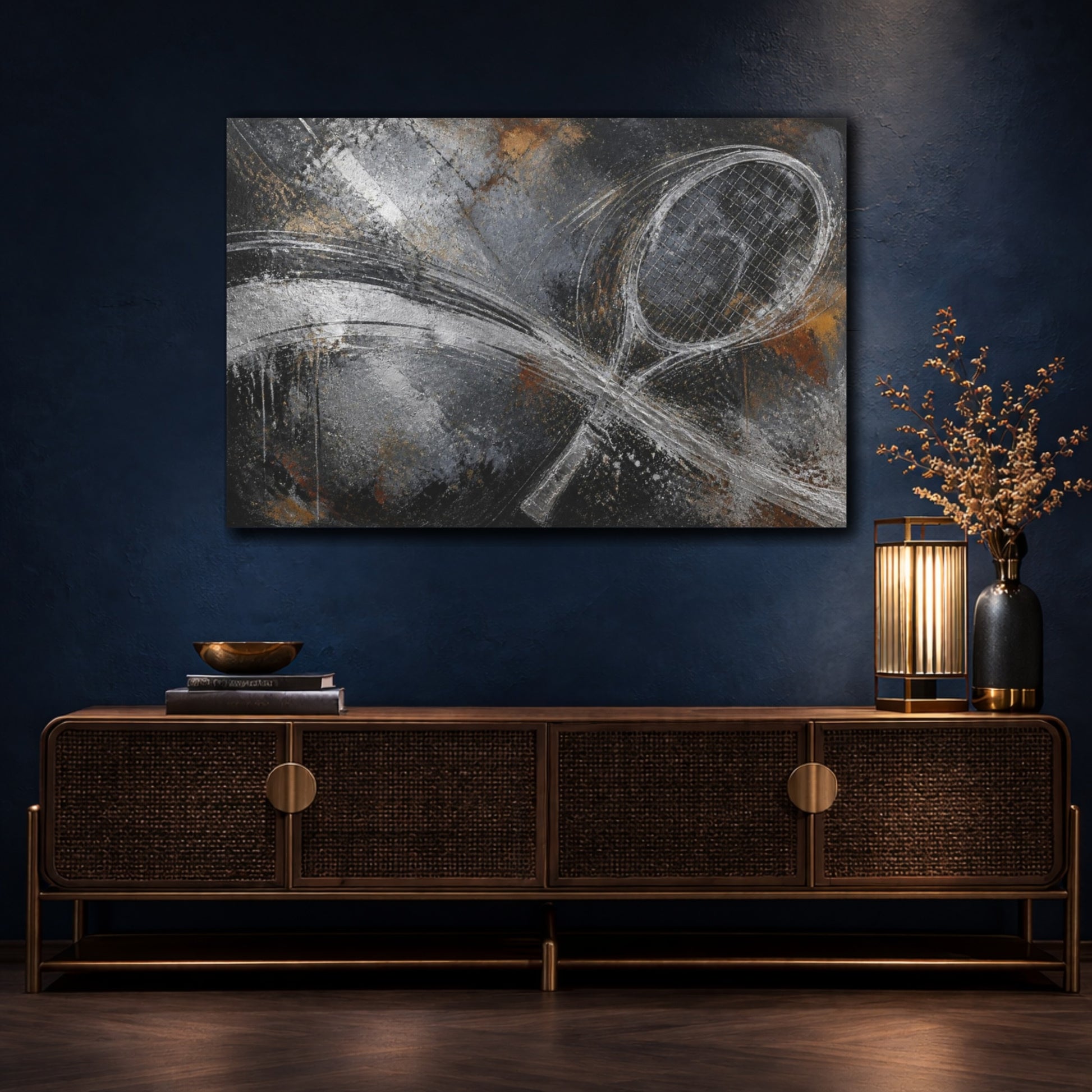Mockup 4. Abstract Tennis Racket Swing shown as canvas print