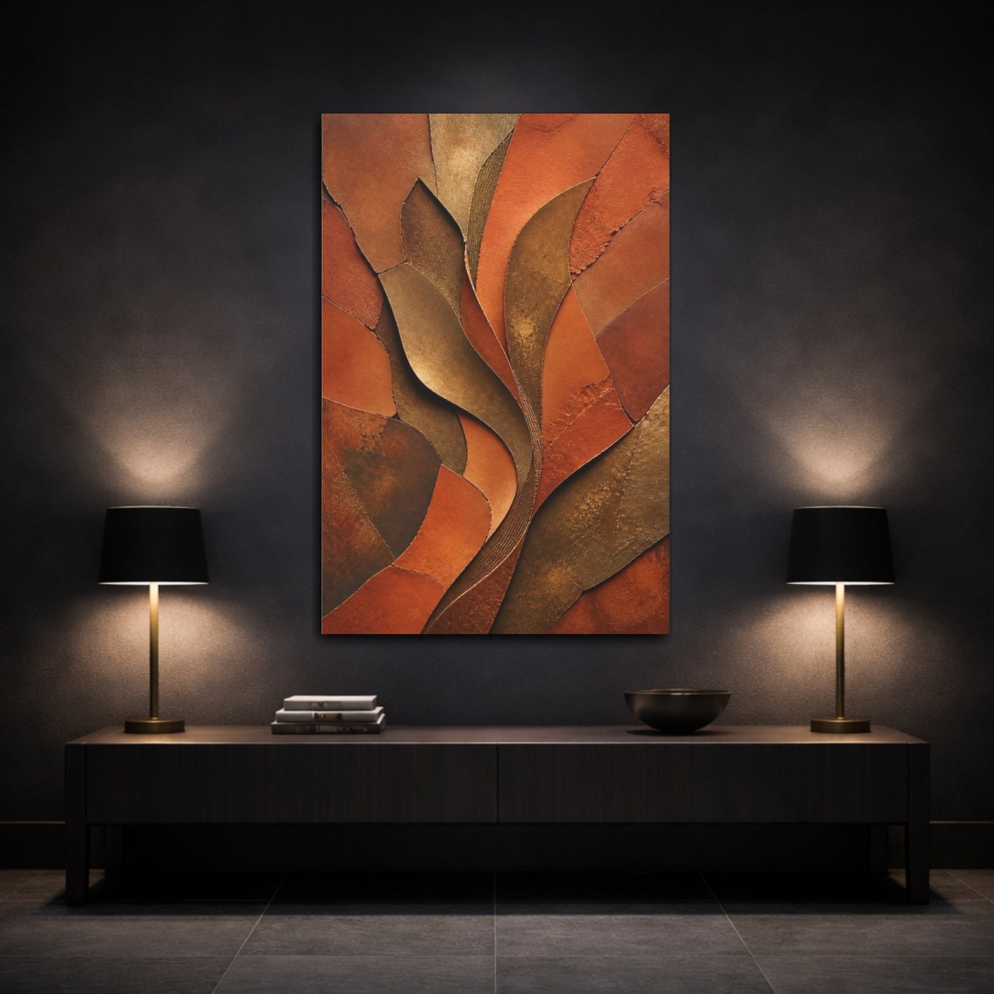 Mockup 3. Abstract Terracotta Curves shown as canvas print
