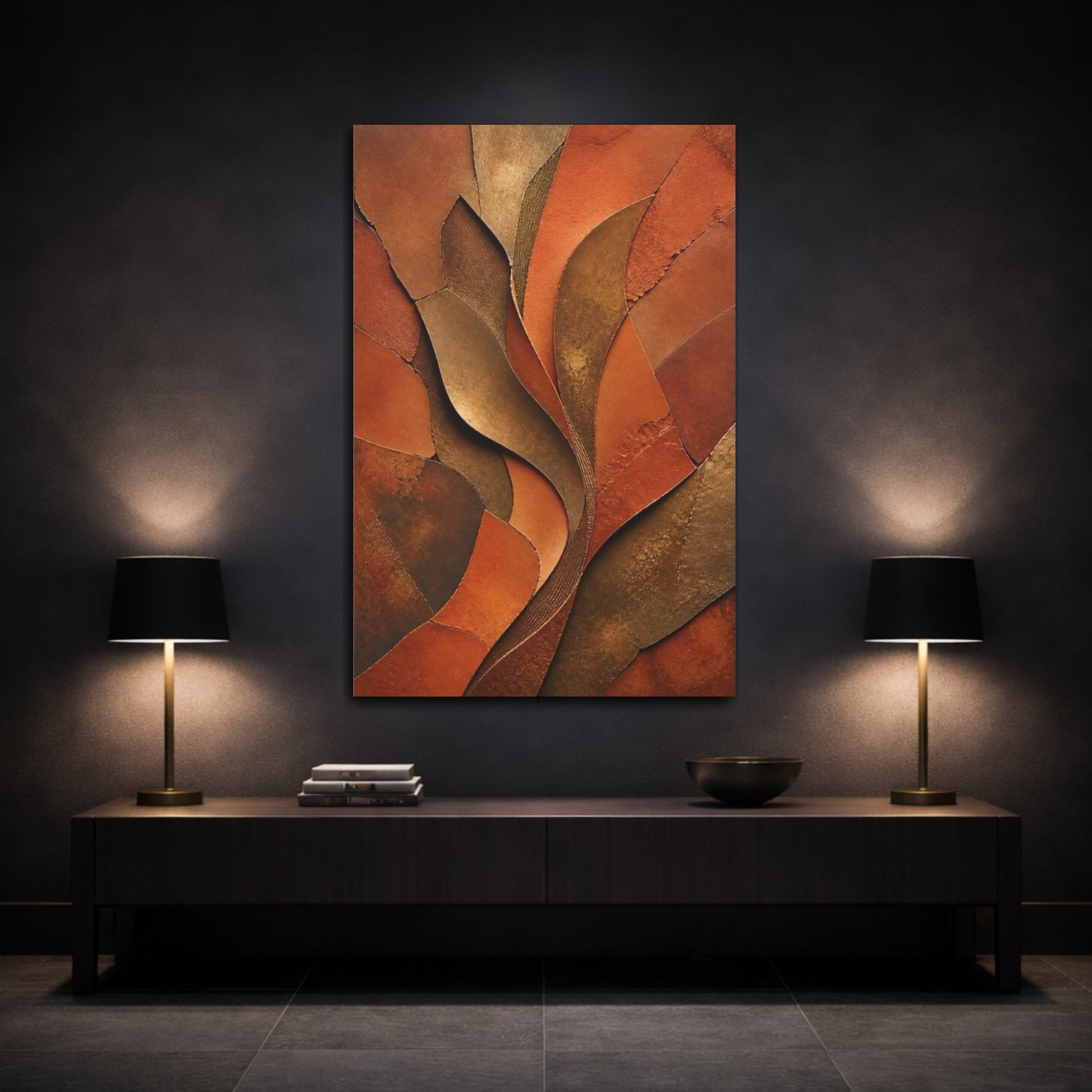 Mockup 3. Abstract Terracotta Curves shown as canvas print