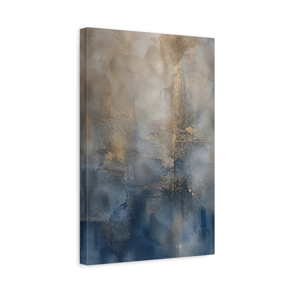 Side Mockup 4. Abstract Abstract Texture Blue And Gold shown as stretched canvas wall art