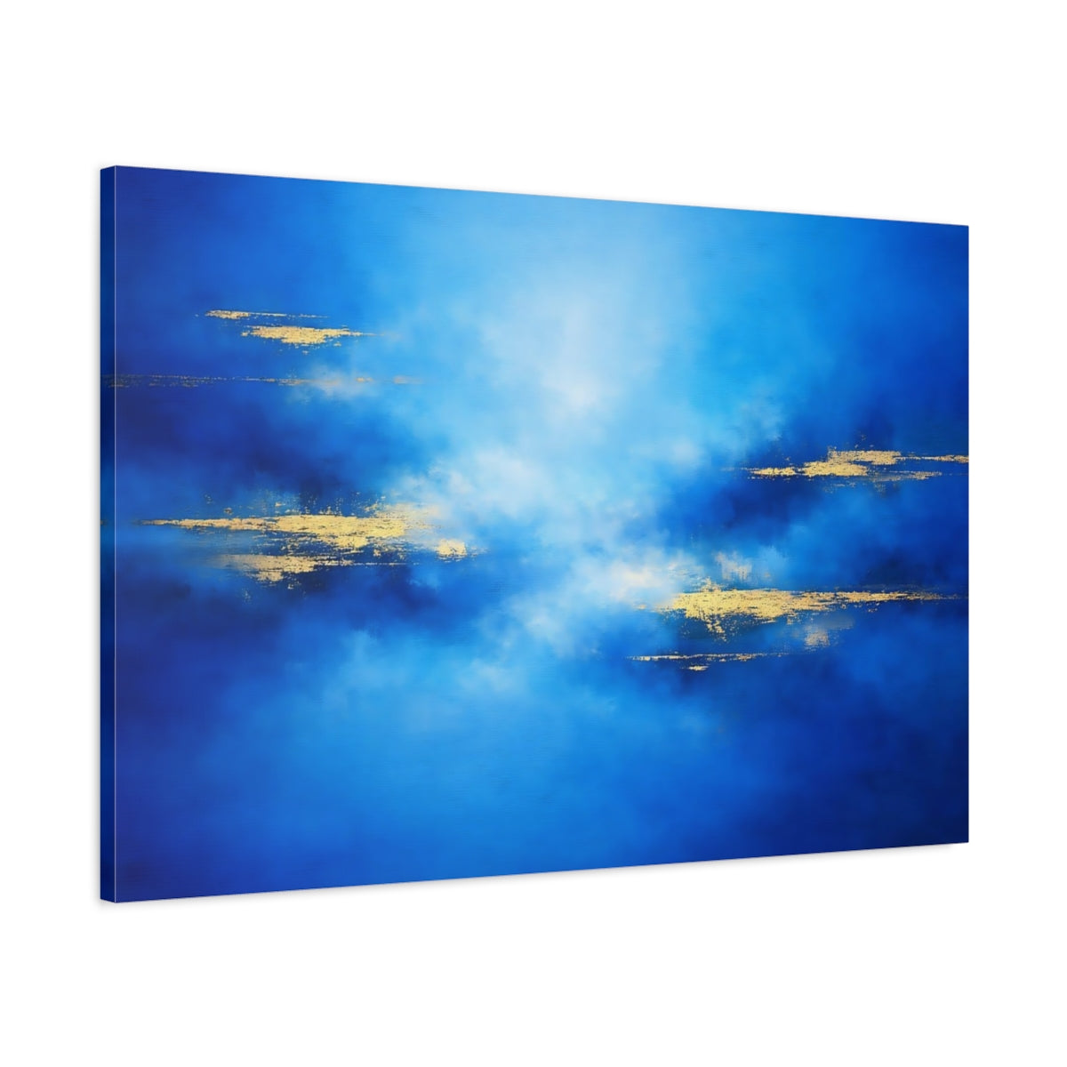 Side Mockup 1. Abstract Abstract Texture Blue And Gold shown as stretched canvas wall art