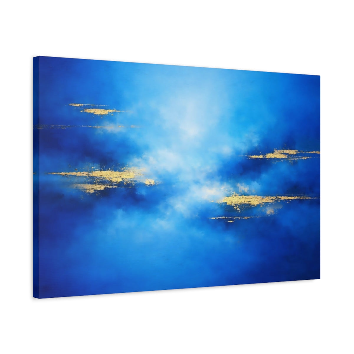 Side Mockup 2. Abstract Abstract Texture Blue And Gold shown as stretched canvas wall art