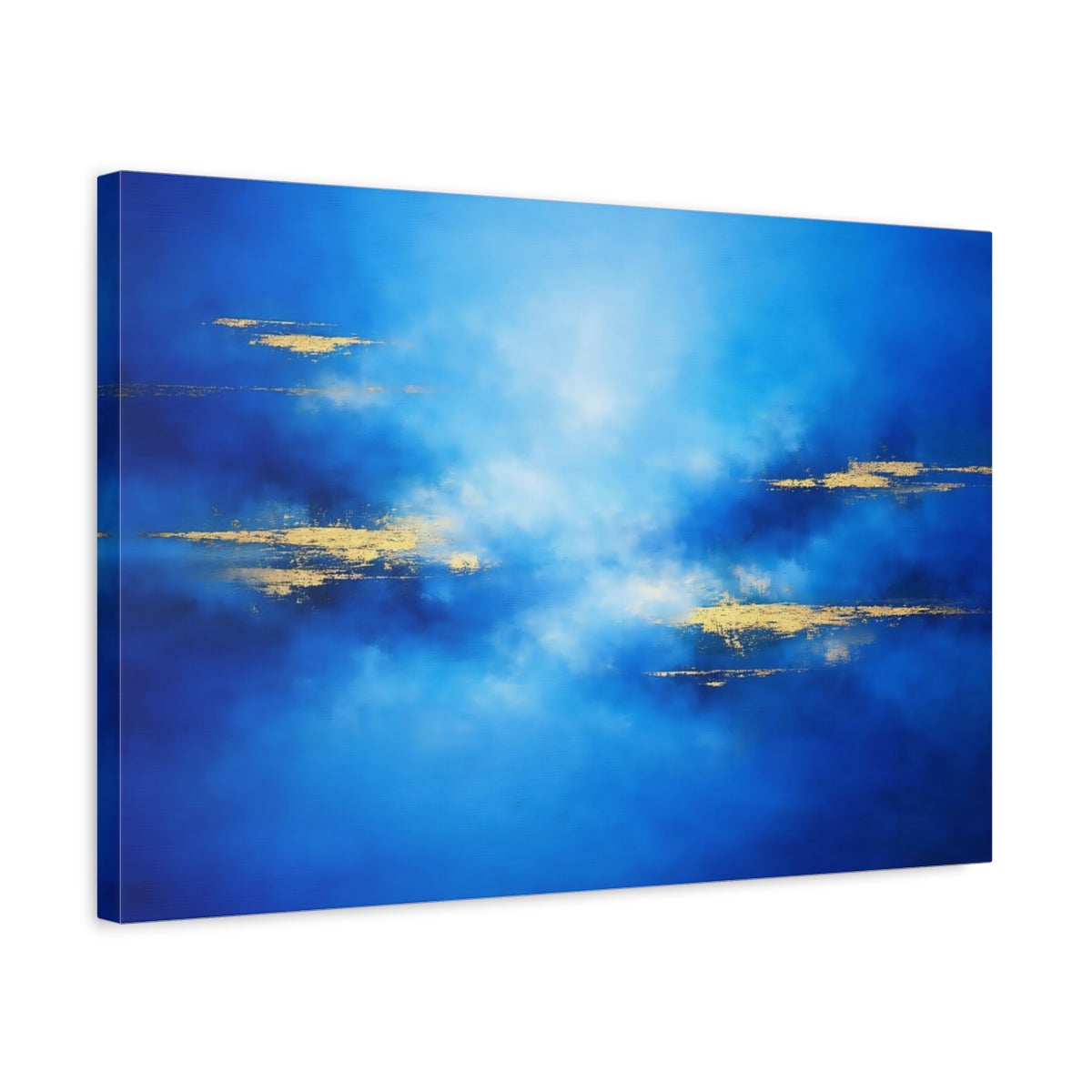 Side Mockup 3. Abstract Abstract Texture Blue And Gold shown as stretched canvas wall art